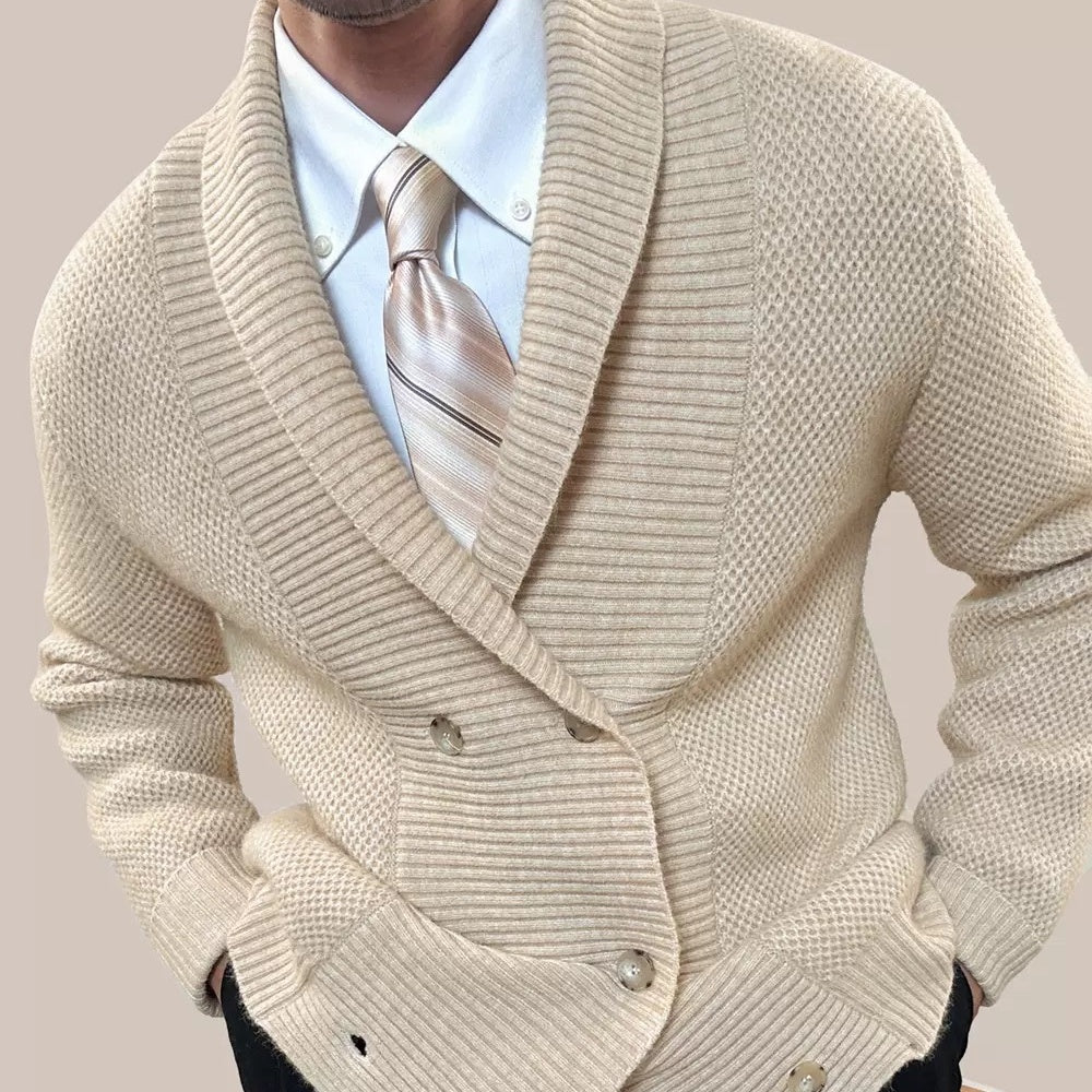 Men's apricot knit cardigan sweater coat, V-neck, double-breasted buttons, ribbed cuffs