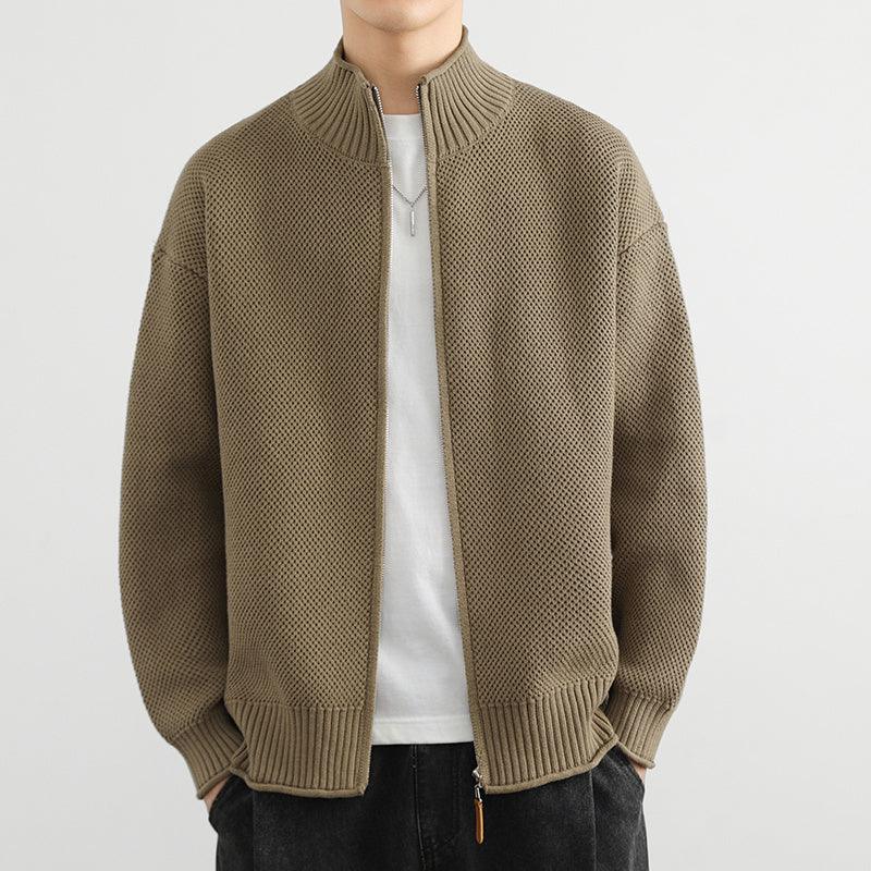 Khaki zip-front knit cardigan sweater with ribbed stand collar and cuffs