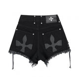 Lace-up Frayed Cross Flower & Pattern Sweet Cool Denim Shorts For Women - WOMONA.COM