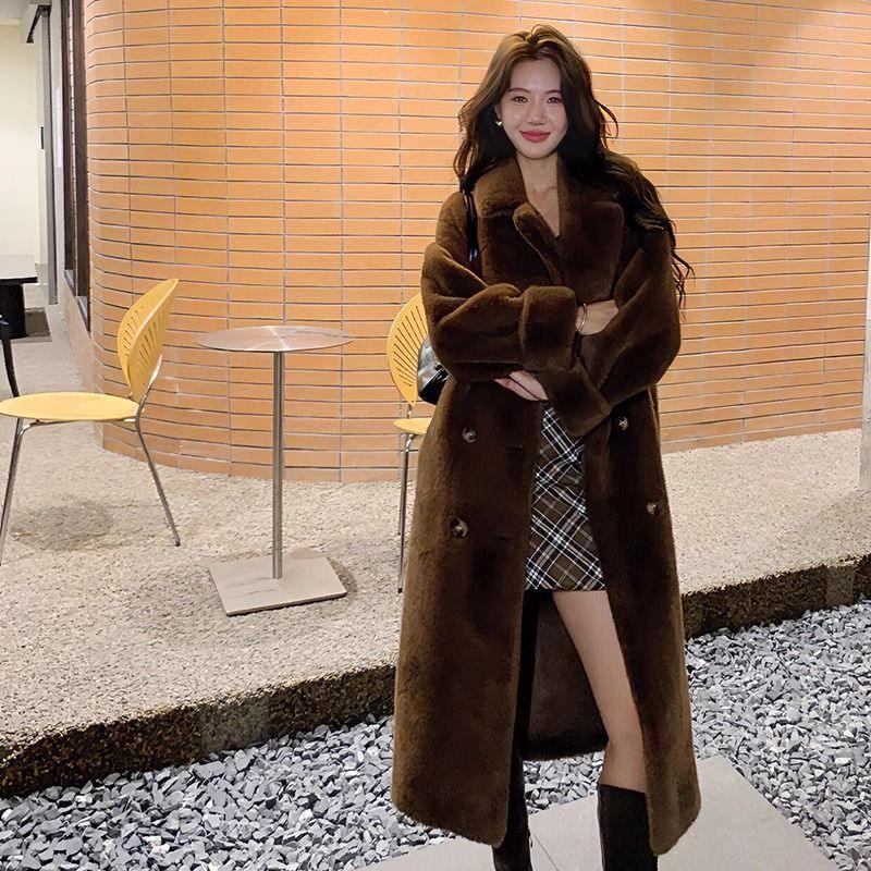 Long faux mink coat with pointed collar, dark brown, button front and side pockets