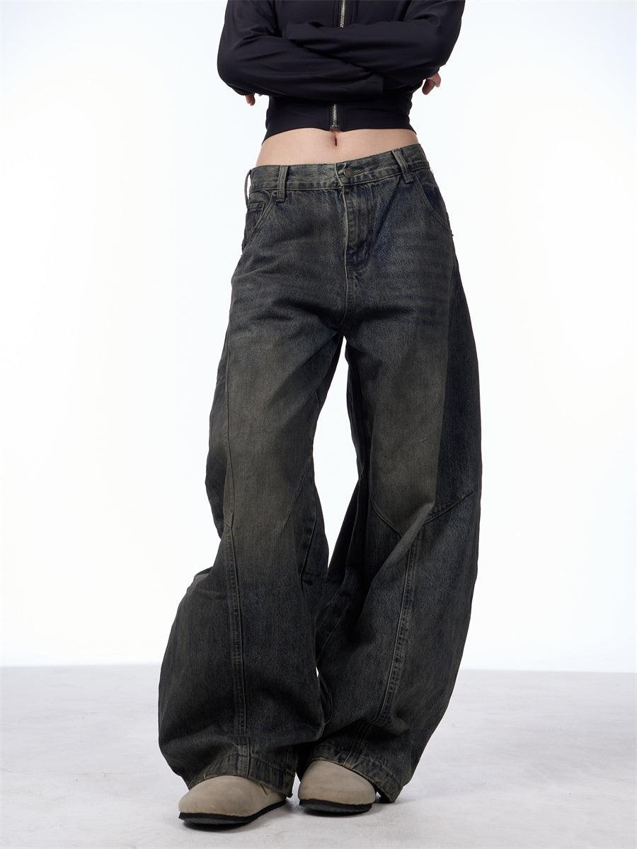 Women's wide-leg denim jeans, dark wash with relaxed drape and stitched back yoke seams