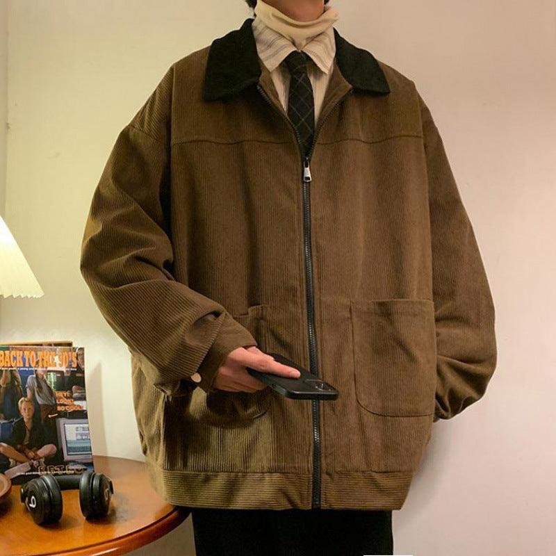 Navy Blue Japanese Corduroy Shirt Jacket American Vintage Overalls - WOMONA.COM