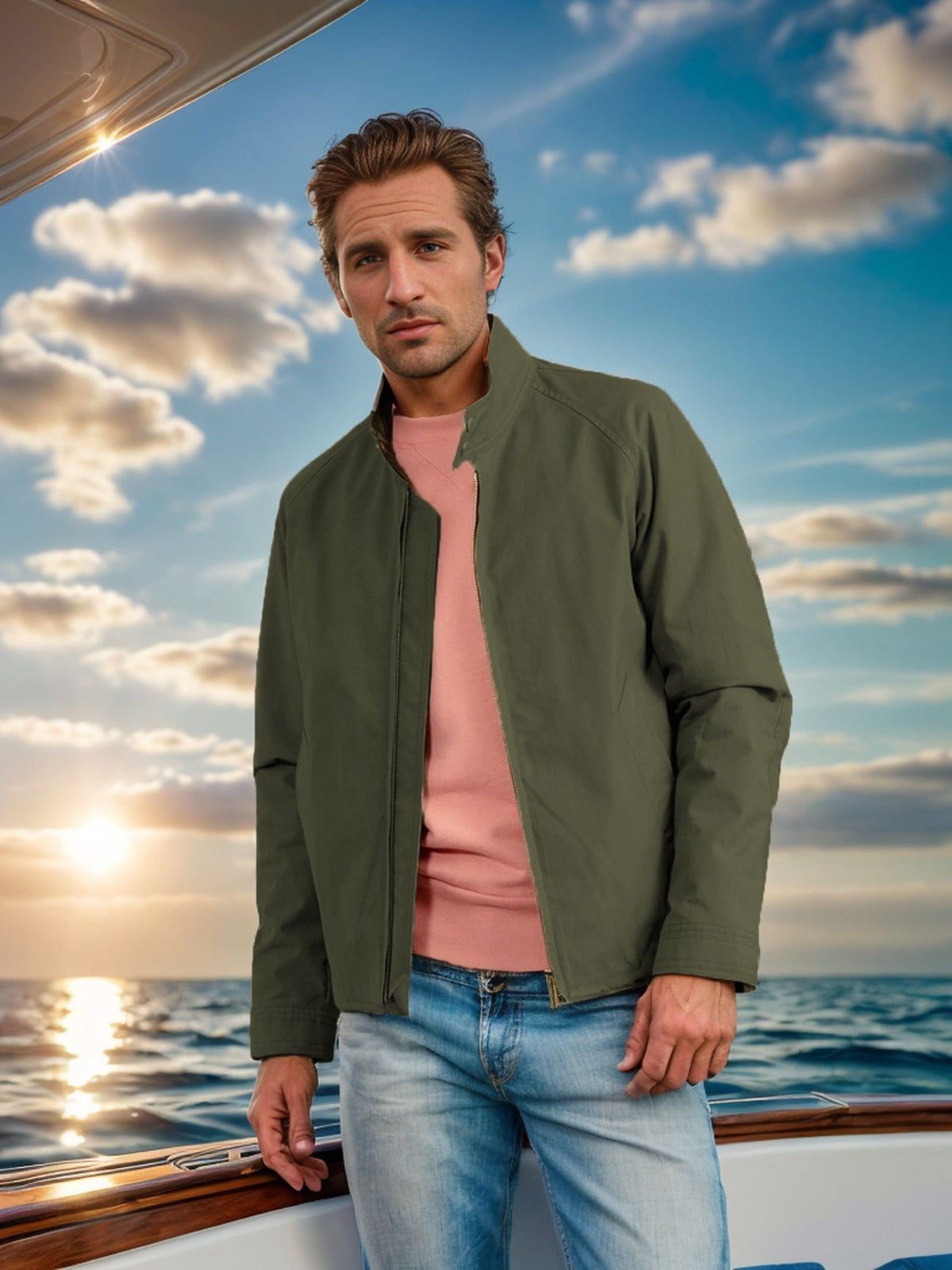 Men's Mid-Length Casual Zip Jacket, Army Green - product view 3