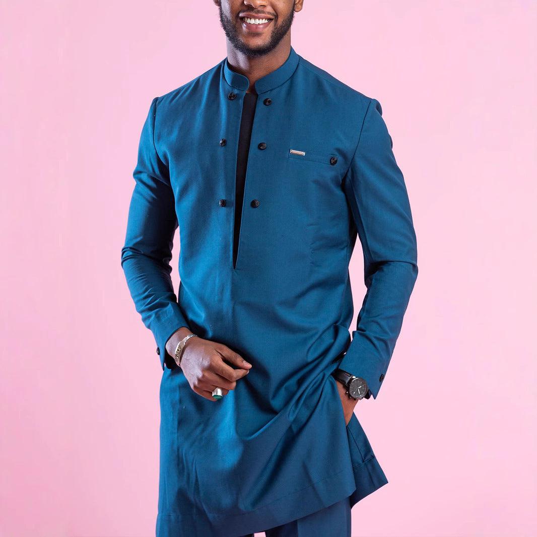 Blue double-breasted long-sleeve jacket with stand collar and flap pockets