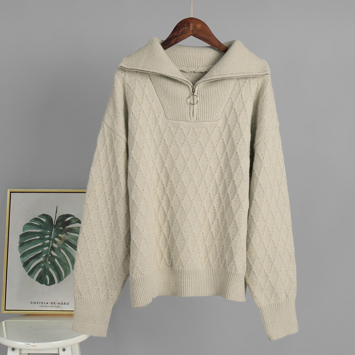 Women's Cable-Texture High-Neck Half-Zip Sweater, Apricot - product view 7