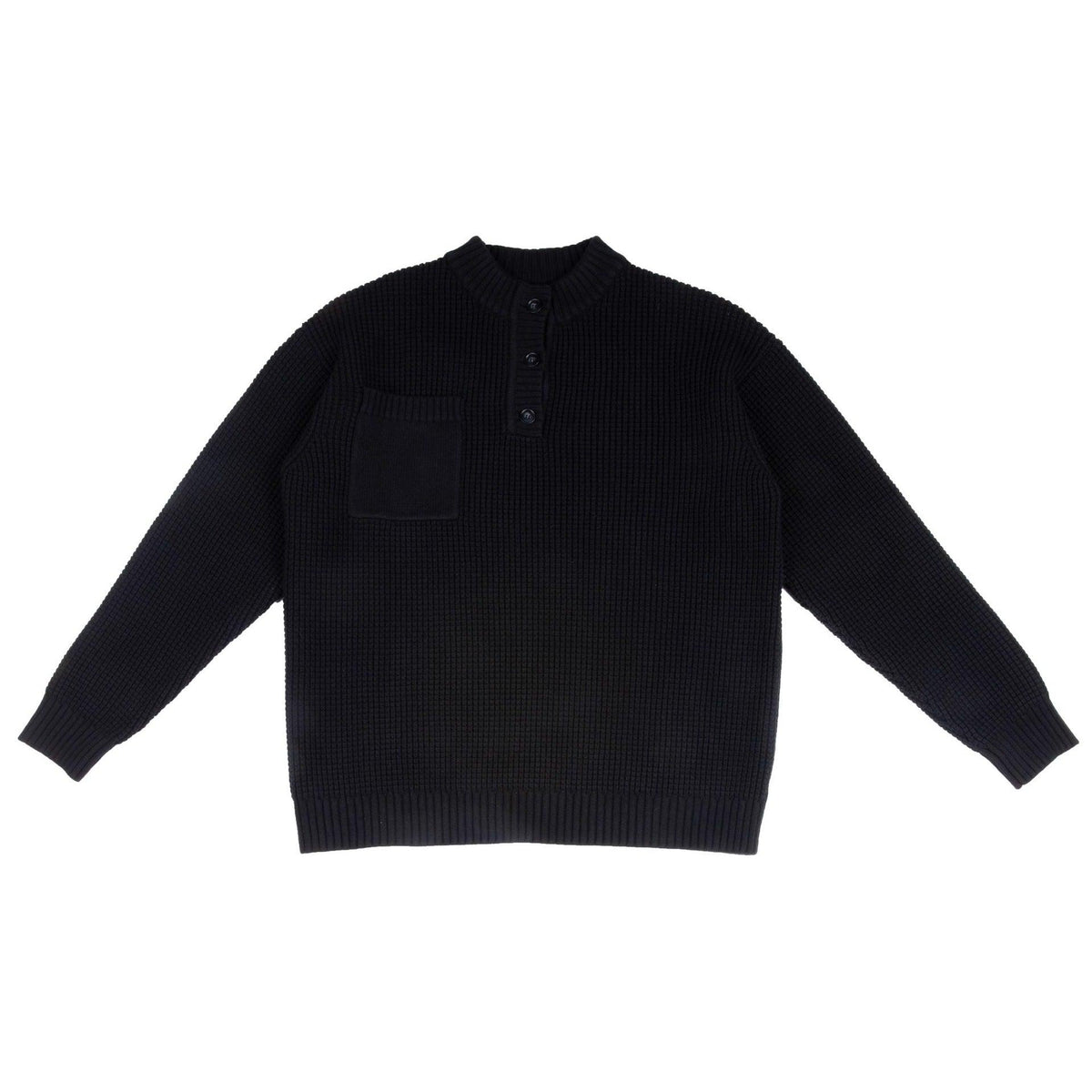 Men's black knit henley sweater with front pocket and button placket, long sleeves