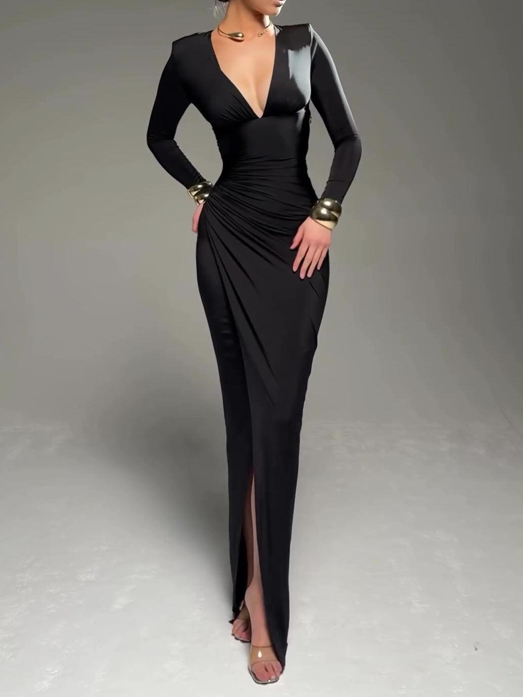 Solid Color Long Sleeve Deep V Pleated Dress - WOMONA.COM
