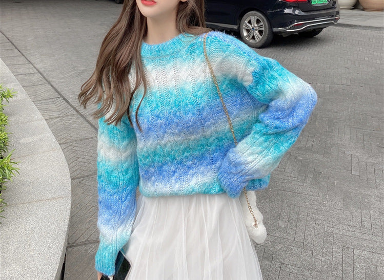 Round Neck Gradient Rainbow Slim-fit Sweater - WOMONA.COM