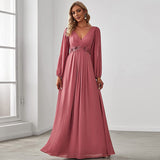 Temperament Pure Color V-neck Evening Dress - WOMONA.COM