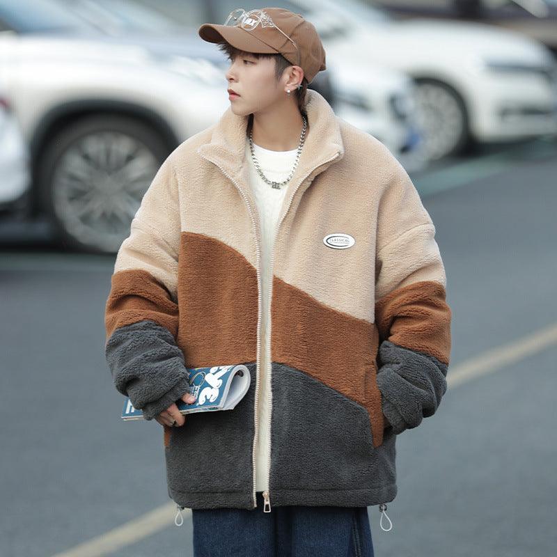 Color-block zip-up jacket in beige, brown, and dark gray sherpa fleece