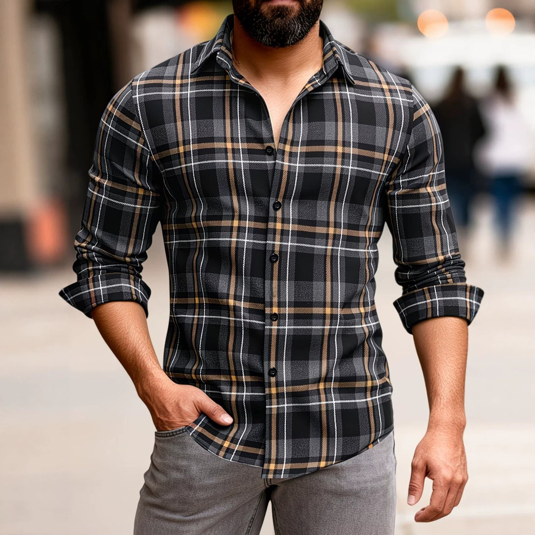 Men's dark plaid button-up shirt with long sleeves and button front