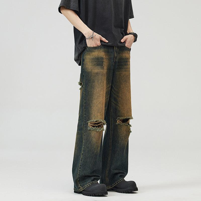 Men's Retro Distressed Rust Blue Ripped Jeans - WOMONA.COM