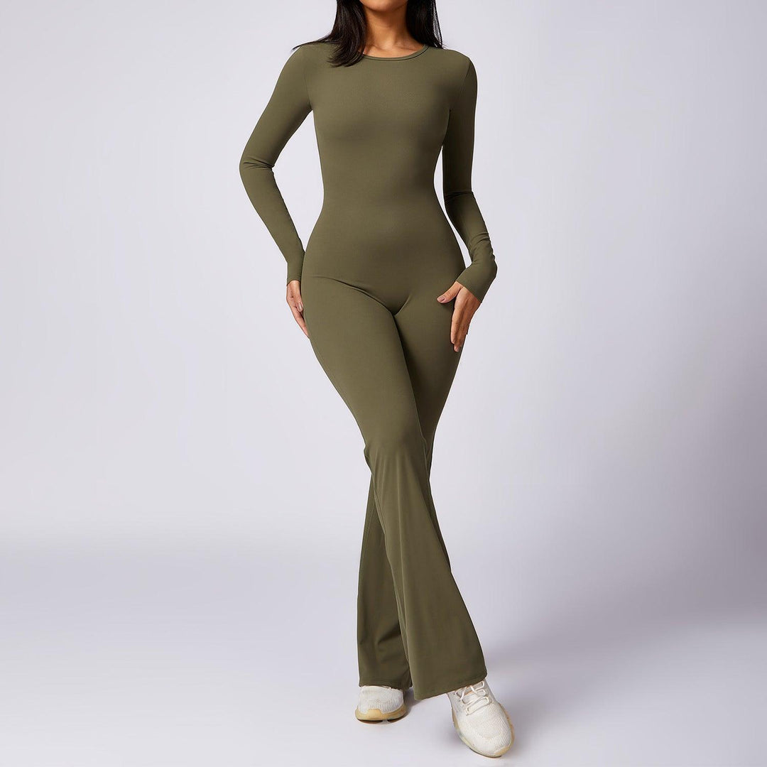 Moss green long-sleeve yoga jumpsuit with fitted legs and flared ankle