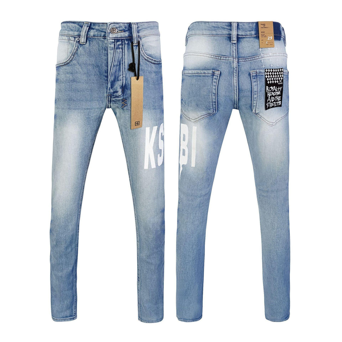 Men's light blue ripped stretch jeans with large stripe print and small back pocket graphic