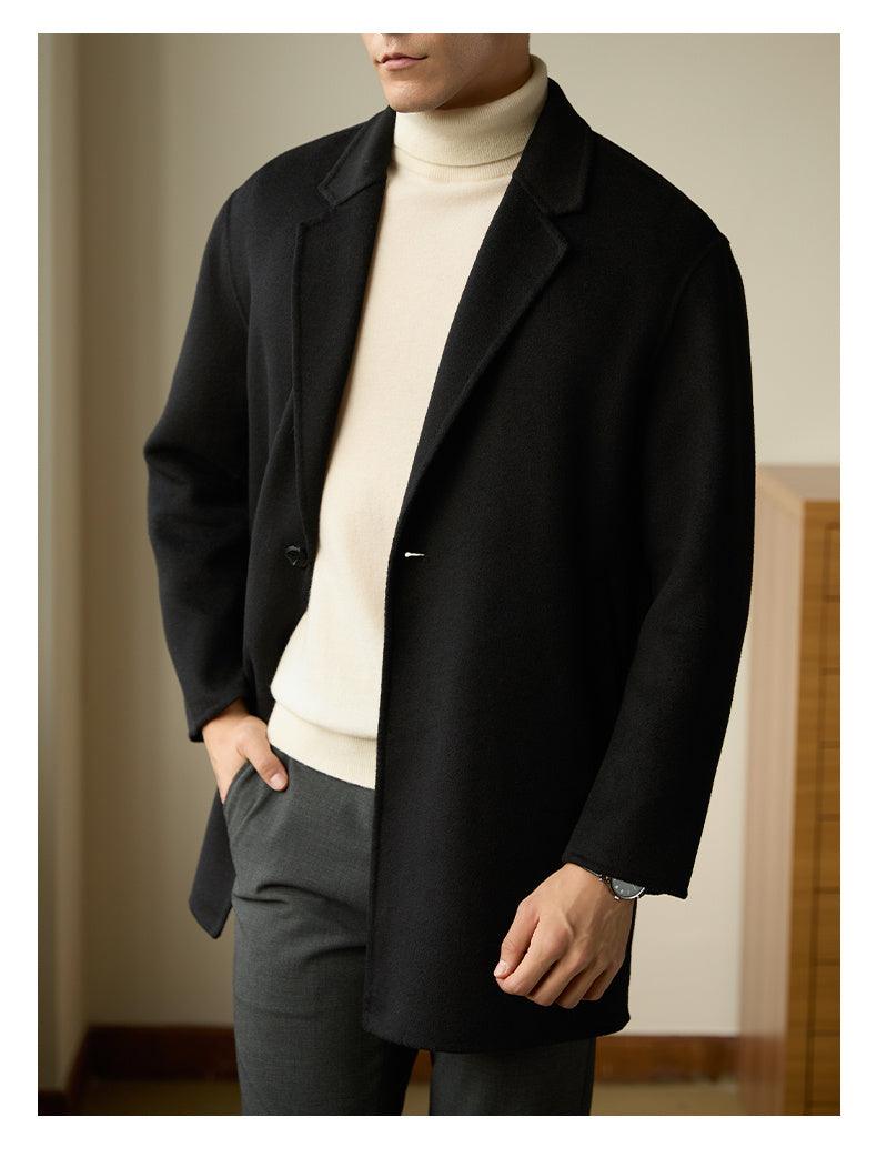 Black thermal wool blazer-collar coat with notched lapels and button front