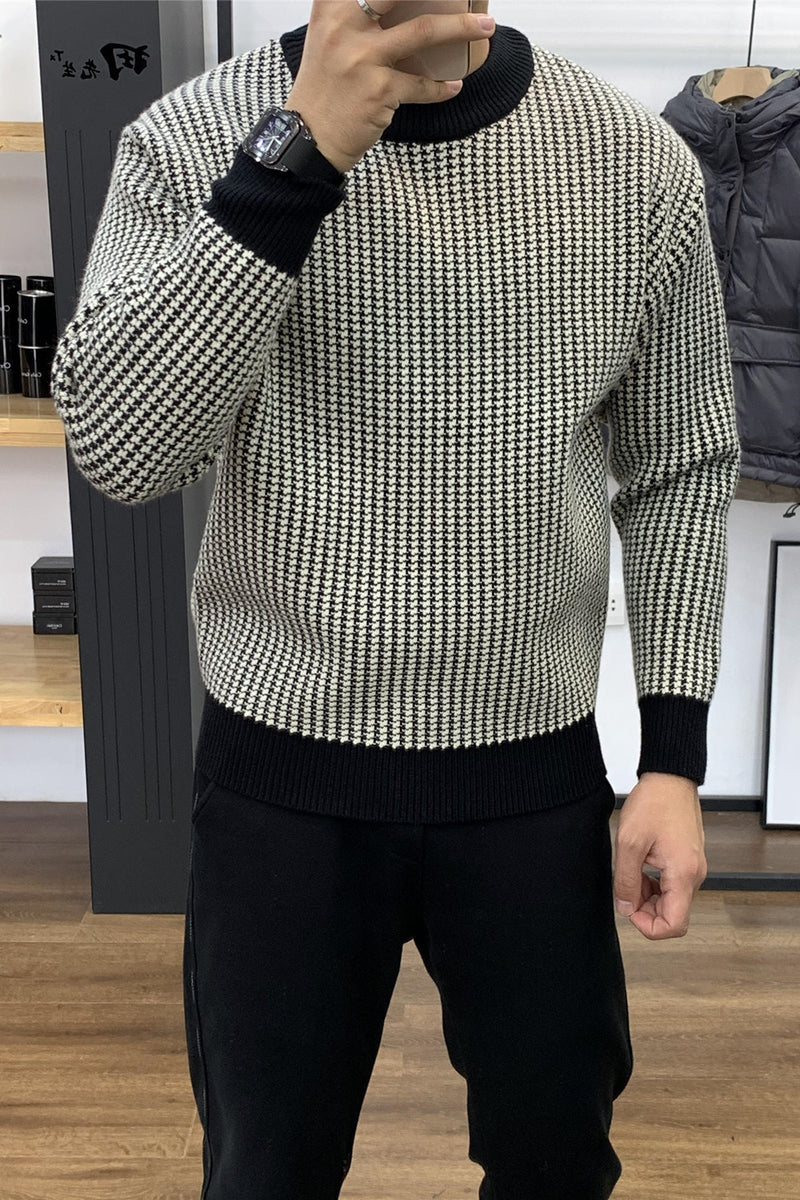 Round Neck Base Slim Fit Pullover Thick Plaid Sweater - WOMONA.COM