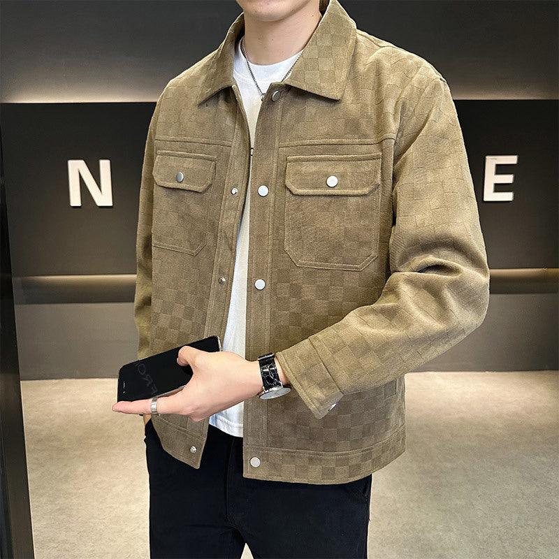 Men's cotton labor jacket in khaki with button-front and chest flap pockets