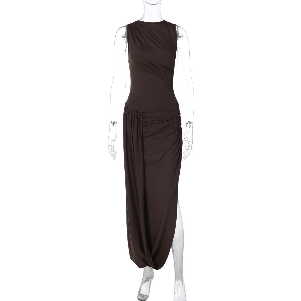 Brown sleeveless slim round-neck dress on mannequin, pleated drape and side slit