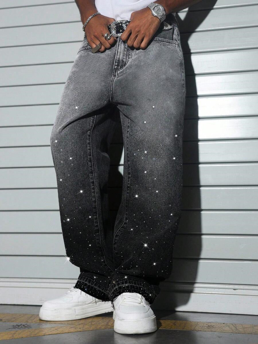 Straight-leg jeans with silver stud speckling, zip fly, cuffed hem