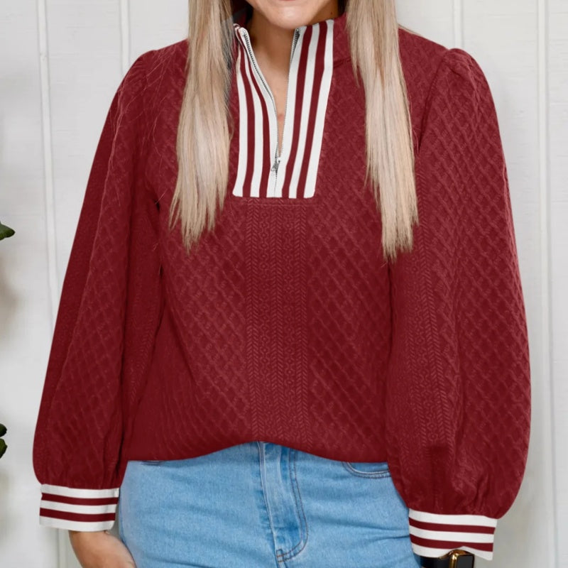 Women's Red Diamond-Knit Zip-Neck Sweater - product view 1