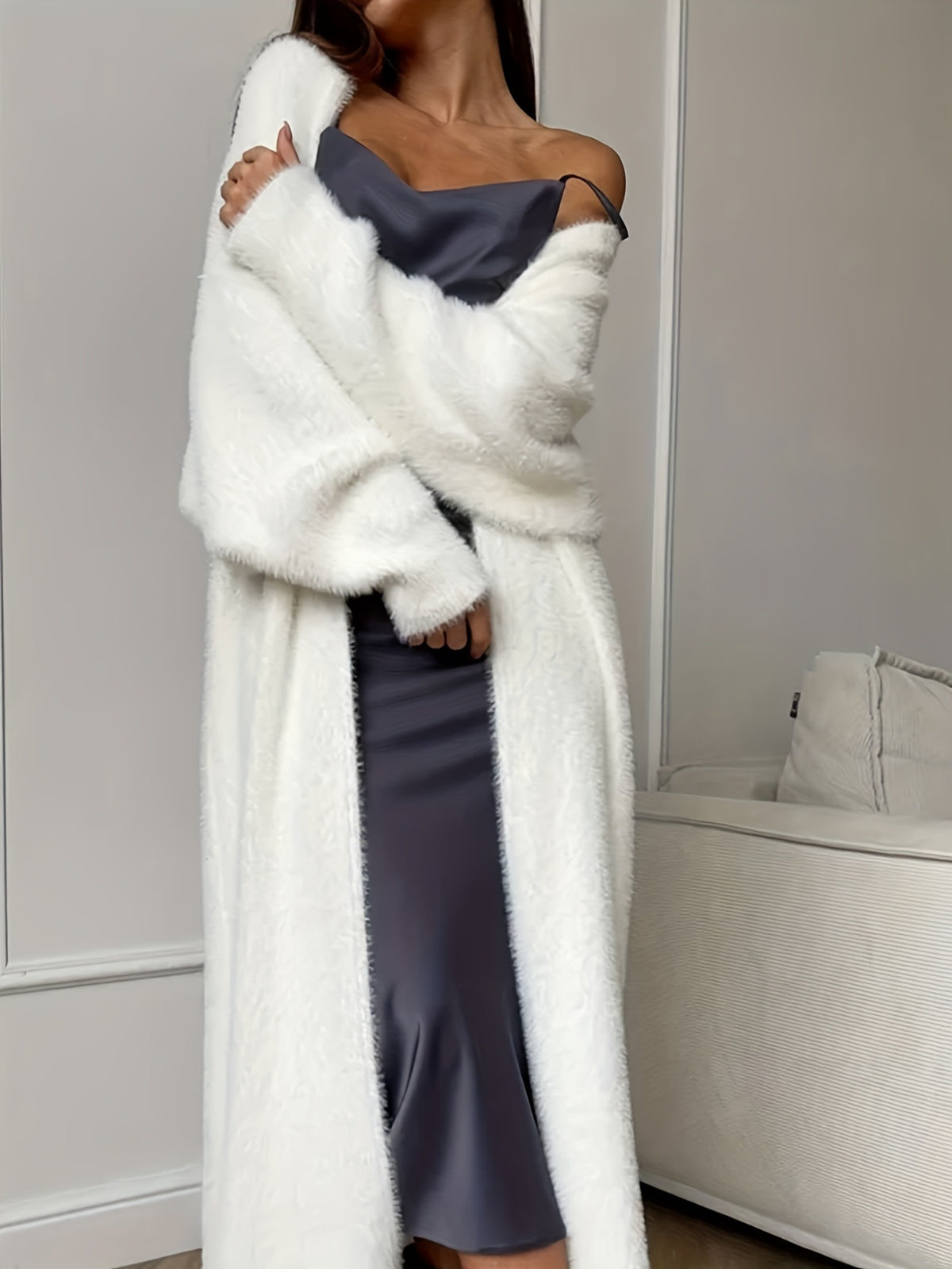 Women's white plush knitted long coat with open front and long wrap sleeves