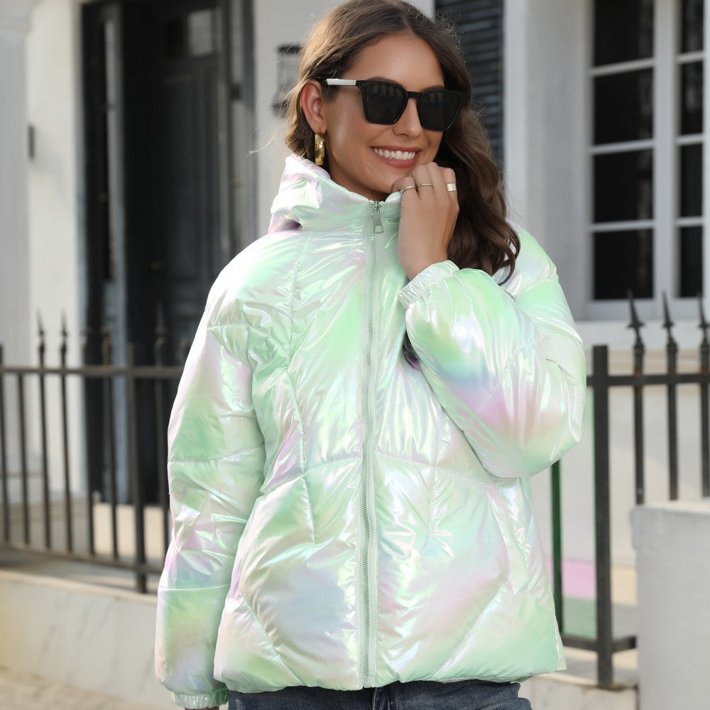 Shiny hooded cotton jacket, iridescent mint with front zipper and puff sleeves