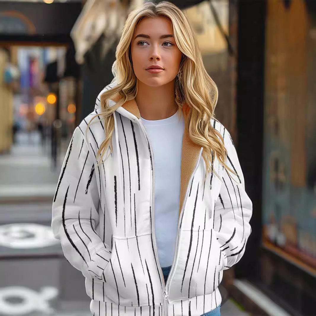 Ladies cotton zip-up hoodie in white with black vertical stripe print, full hood.
