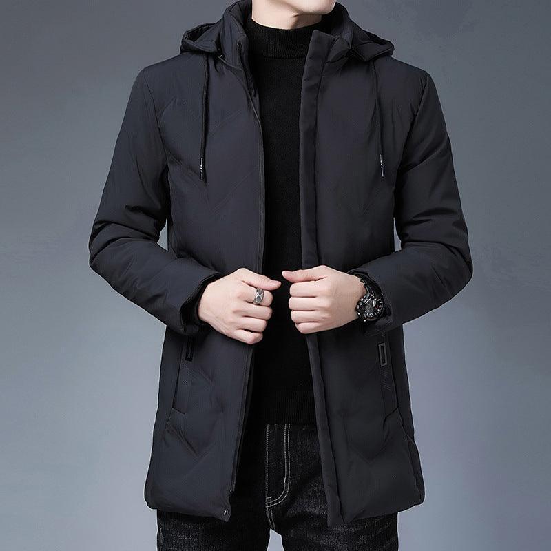 Black hooded warm-keeping jacket, full zipper, side pockets