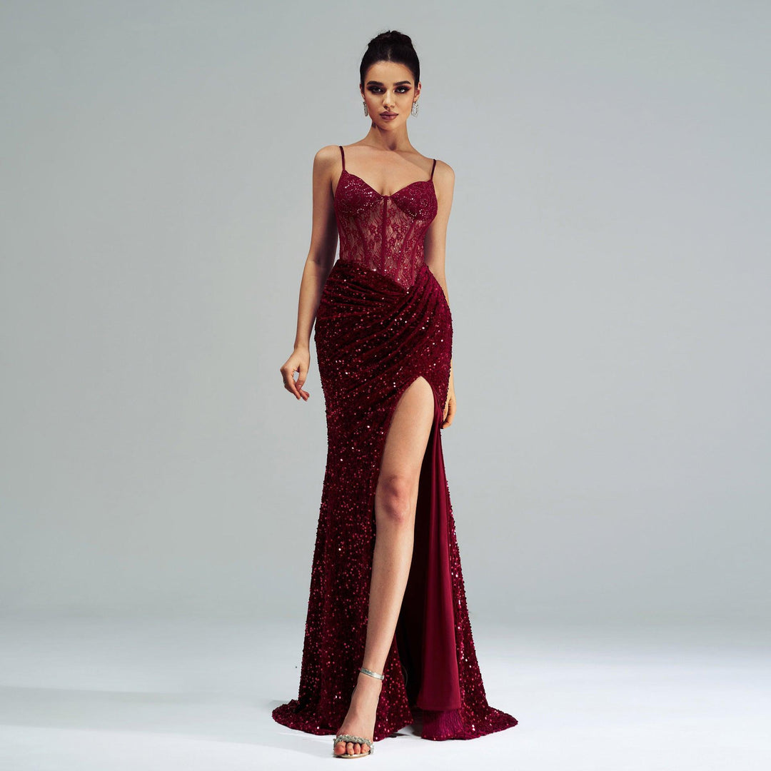 Wine red sequined evening dress with high slit and spaghetti straps, sweetheart neckline