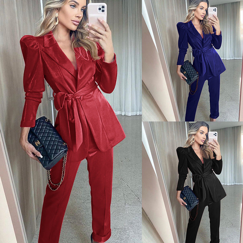 Women's Fashion Waist Pants Suit - WOMONA.COM