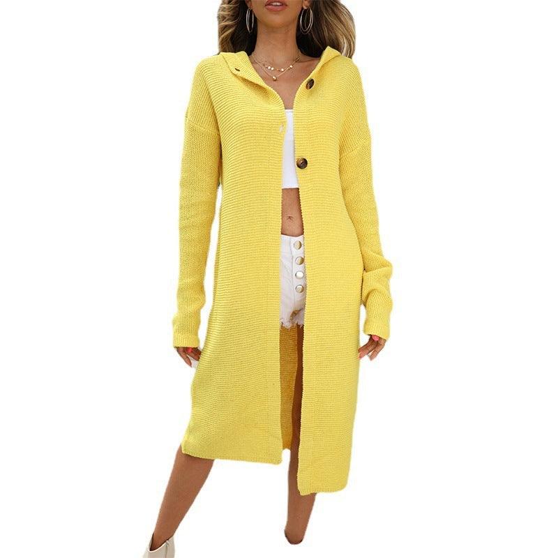 Women’s solid knit cardigan coat in yellow, button front, long sleeves, midi length