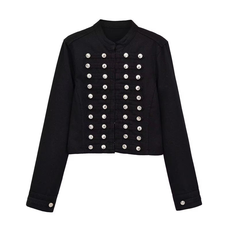 Women’s black denim jacket with silver button row detailing across the chest