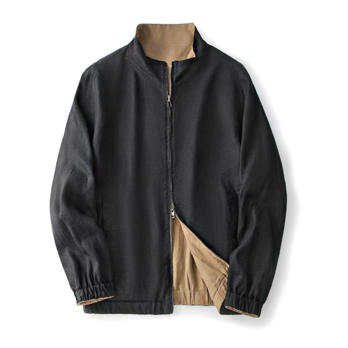 Men's stand-neck double-faced jacket, black full-zip with stand collar and ribbed hem.