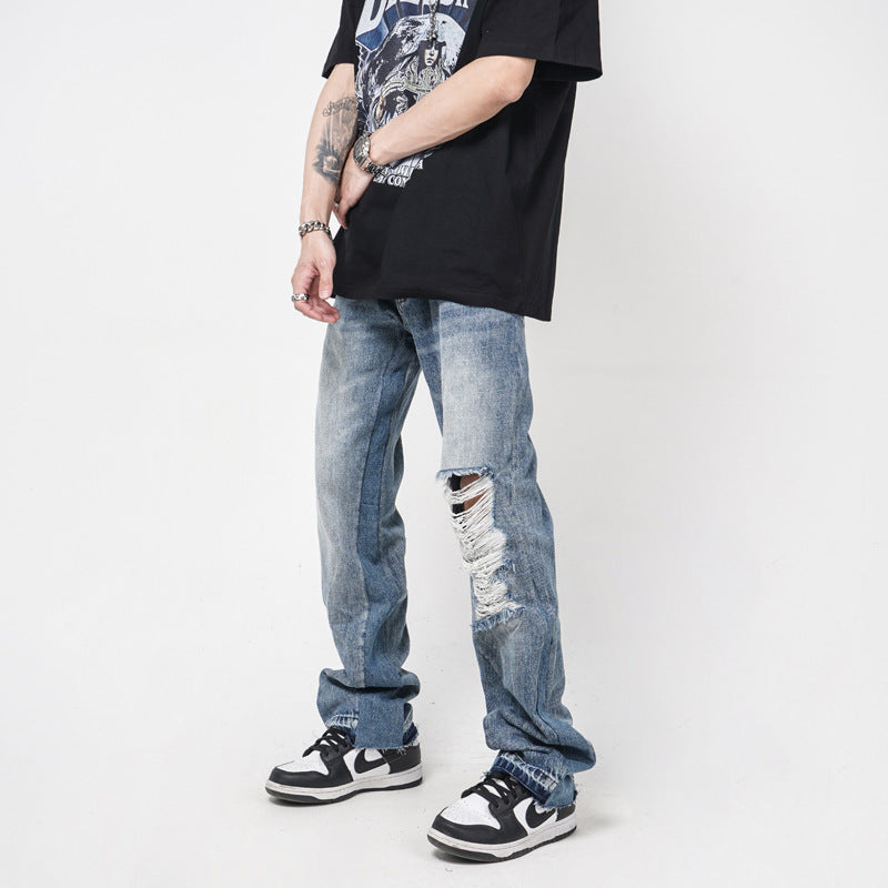 Men's Straight Loose Hole Jeans - WOMONA.COM