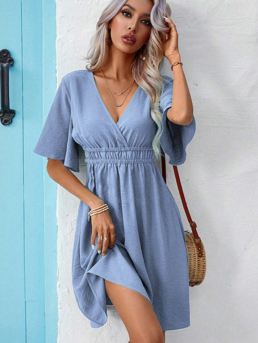 Women’s fitted-waist V-neck dress, short sleeves, gathered waist, light blue