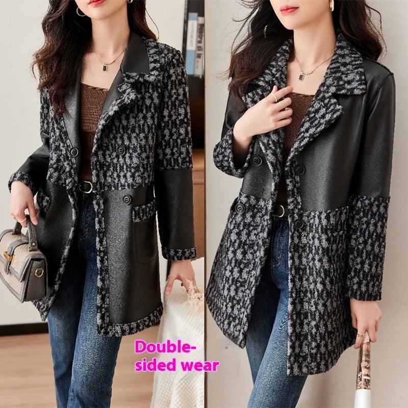 Women’s reversible leather coat with black textured front and long sleeves