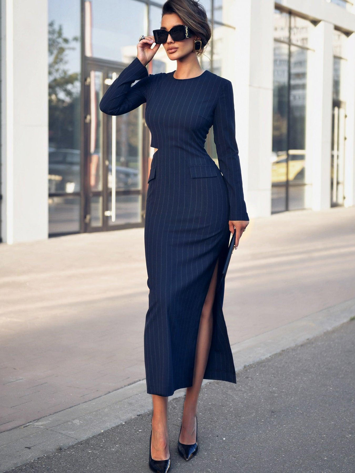 Round Neck Long Sleeve Hollow Striped Dress - WOMONA.COM