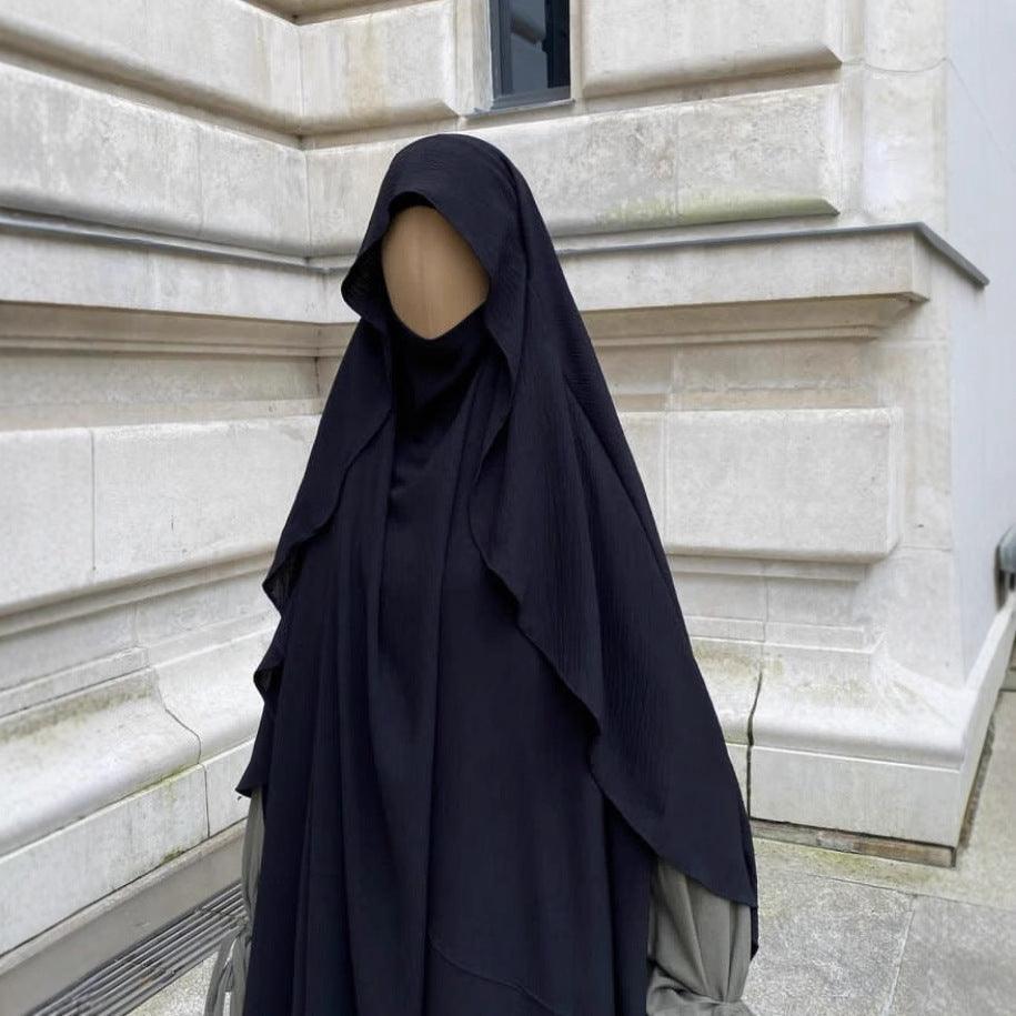Women’s polyester scarf shawl, dark navy hood with layered flowing fabric panels