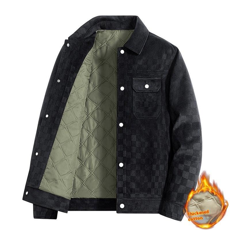 Men's cotton labor jacket in black with quilted olive lining and flap chest pockets