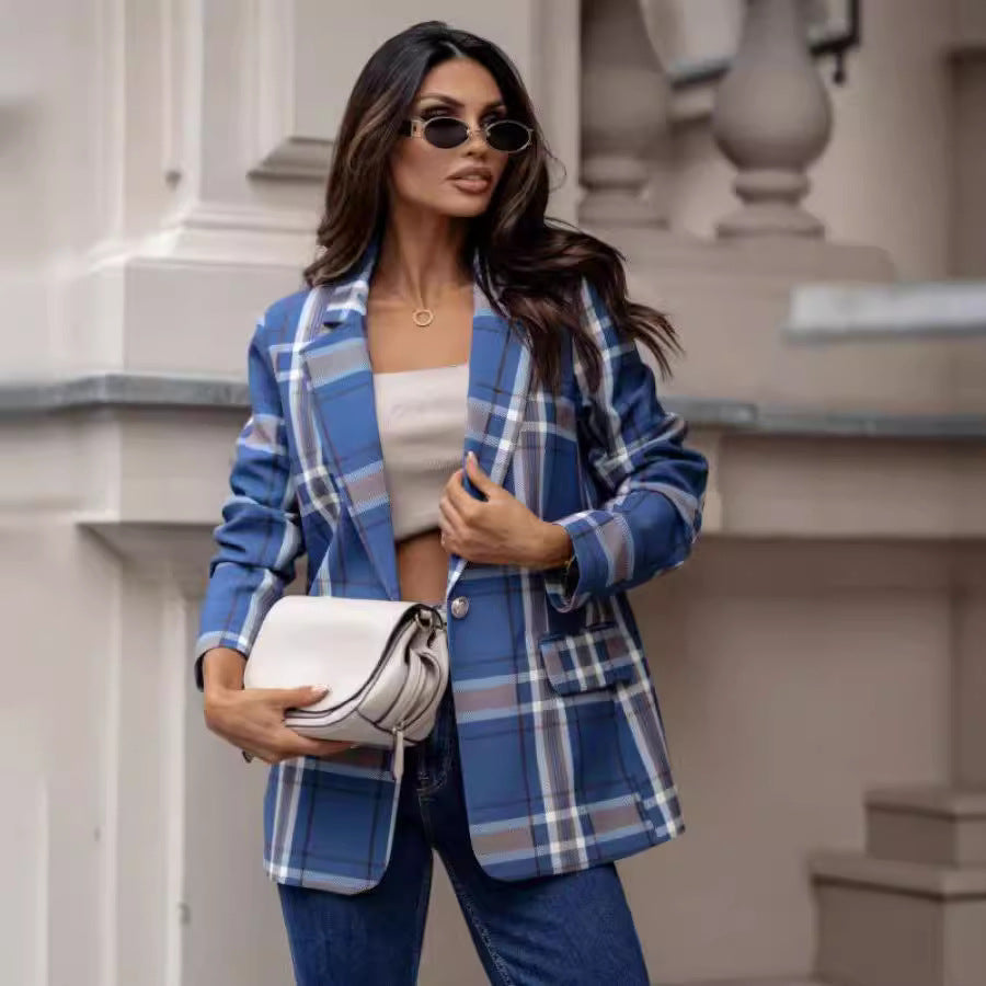 Women’s plaid blazer with blue-and-white check pattern, front pockets, and lapels.