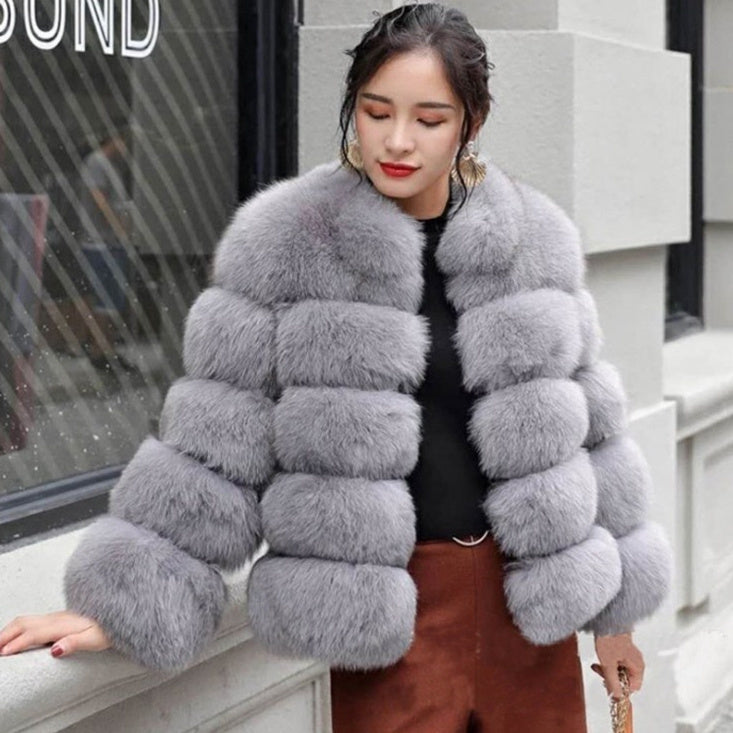 Fox Fur Slimming Stand Collar Splicing Coat - WOMONA.COM