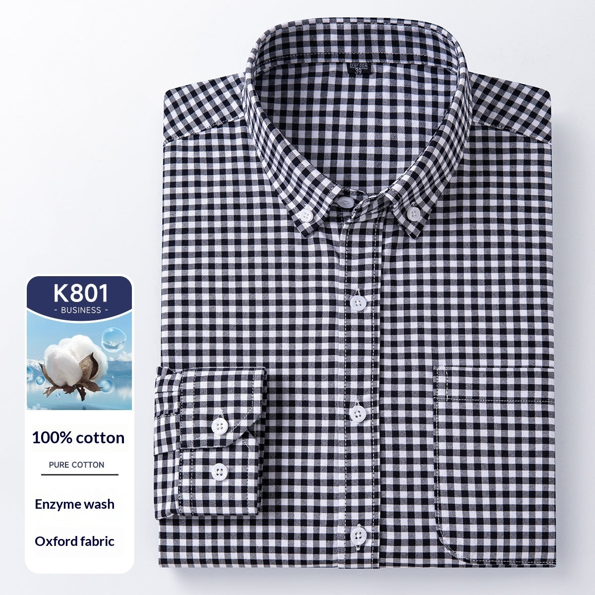 Men's cotton long sleeve oxford shirt, navy and white check, button-up front and cuffs