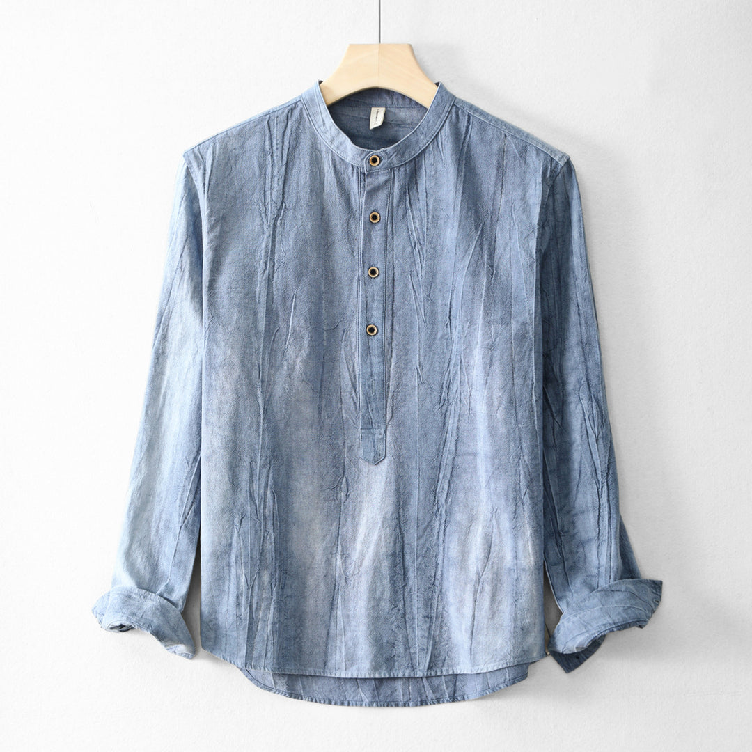 Light blue ramie casual shirt with stand collar and front button placket