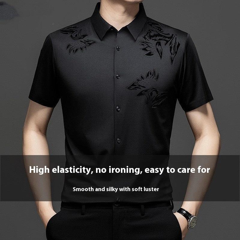 Short-sleeve button-up silk shirt, black with dragon graphic print across chest and collar