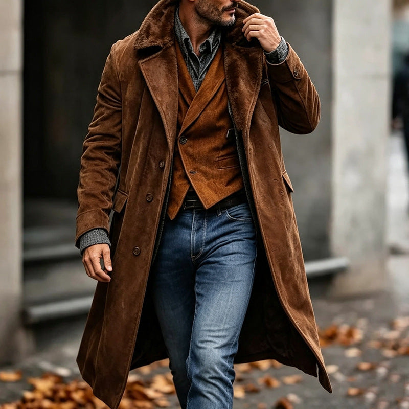 Men's mid-length suede coat in brown, notch lapels, button front, flap pockets