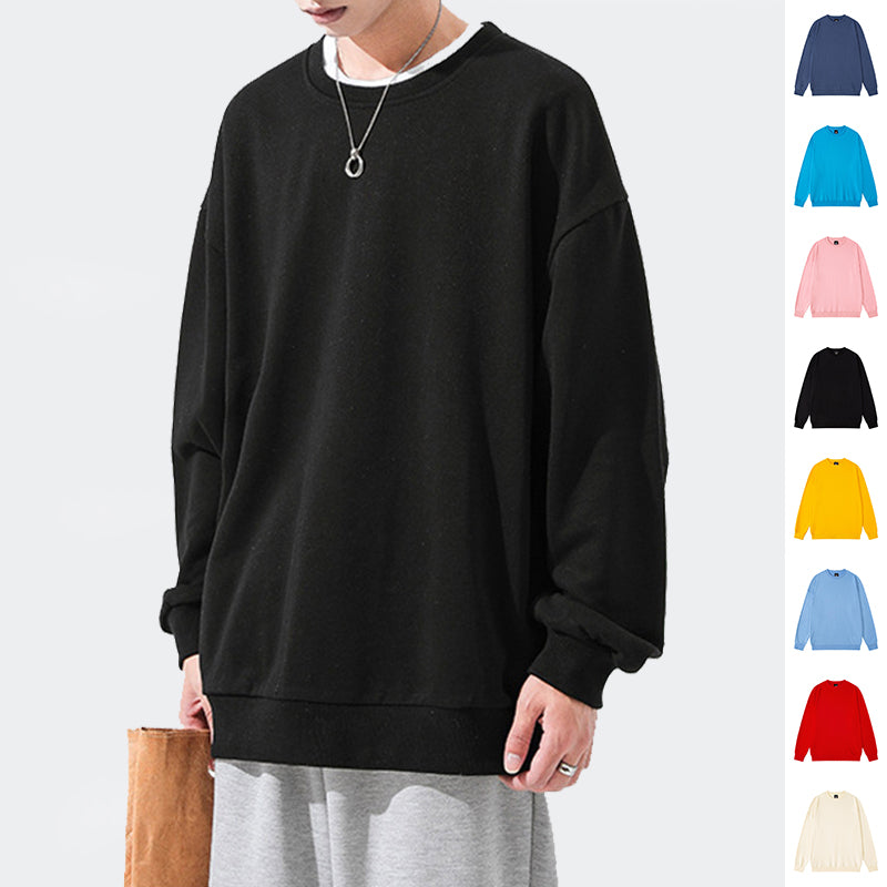 Men's Solid Color Pullover Sweatshirt Loose Round Neck Top Couple College Style