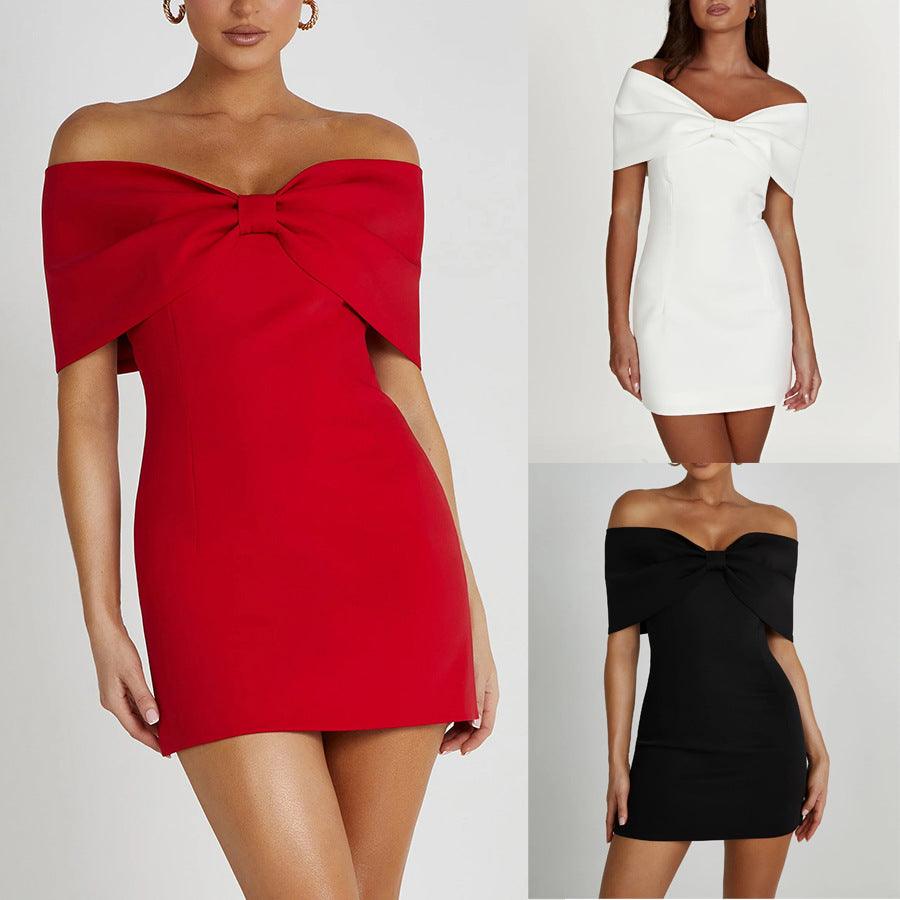 Red off-shoulder mini dress with short sleeves and front bow detail