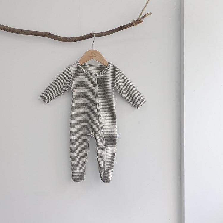 Striped single-breasted baby climbing suit in light beige with button front