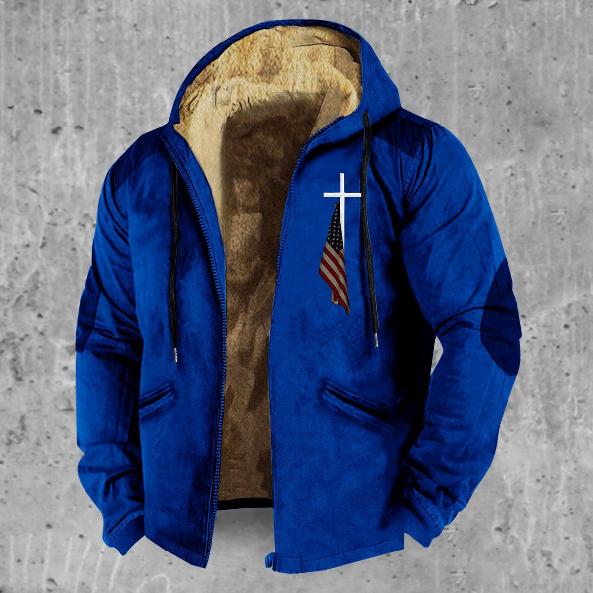 Blue hooded cotton-padded zip jacket with tan inner lining and chest graphic patch