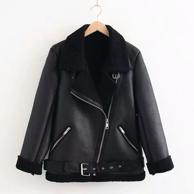 Fur Coat Women's Fleece-lined Thick Motorcycle Jacket - WOMONA.COM